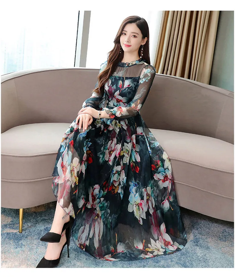 Korean Floral Chiffon Maxi Dress With Long Sleeves Vintage O Neck Floral  Tea Party Dress For Women, Plus Size 3XL A891 X0521 From Musuo01, $18.9