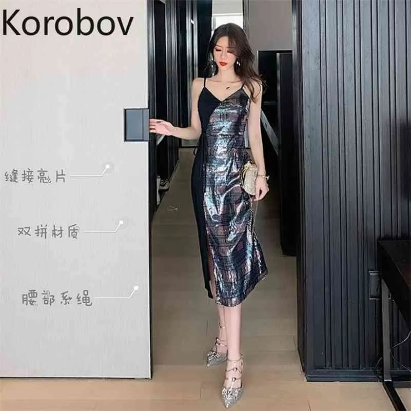 Korobov Sexy Temperament Party Skinny Dress Women V Neck Sleeveless Patchwork Solid Vestido Summer New Wild Ropa 210430