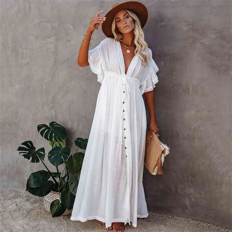 Sexy Deep V Backless Cover-ups Long White Ruched Tunic Dress Casual Summer Ruffle Sleeve Beach Woman Button Cover Up 210604