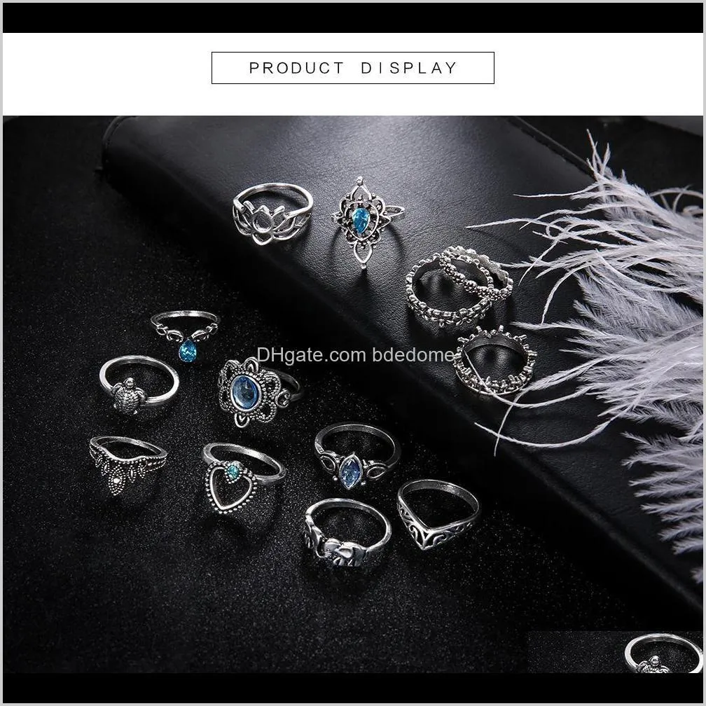 Band Ringar Drop Leverans 2021 Europeisk och amerikansk smycken Retro Diamond Carved Crown Starry Sky Gemstone 13-Piece Kombination Set Ring Xeu0