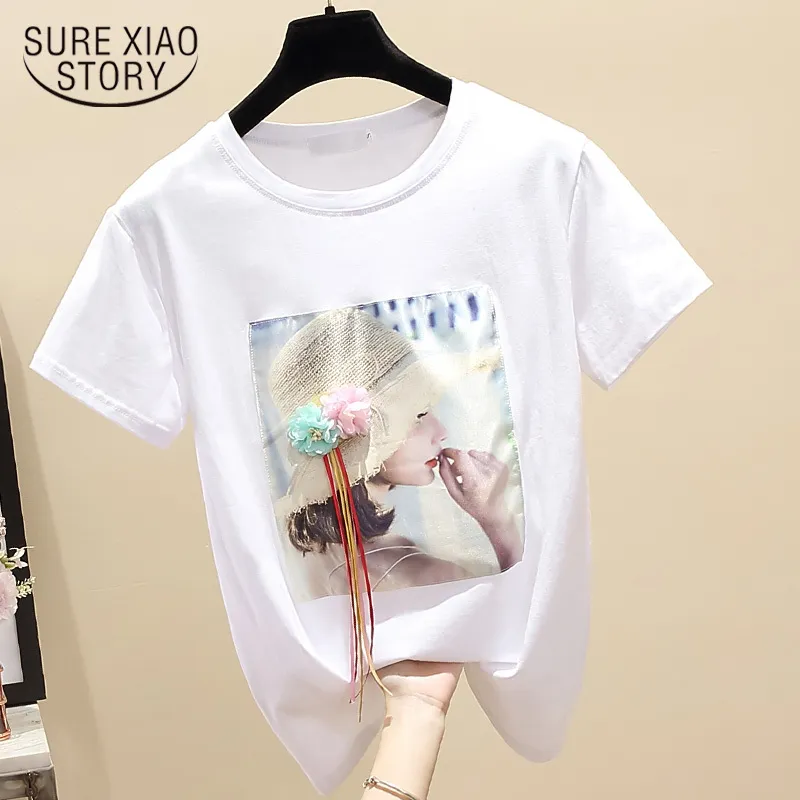 Women's Summer Tops White Loose T-shirt Fashion Beads Applique Short Sleeve Round Collar Ladies Tees Clothing 8641 50 210417