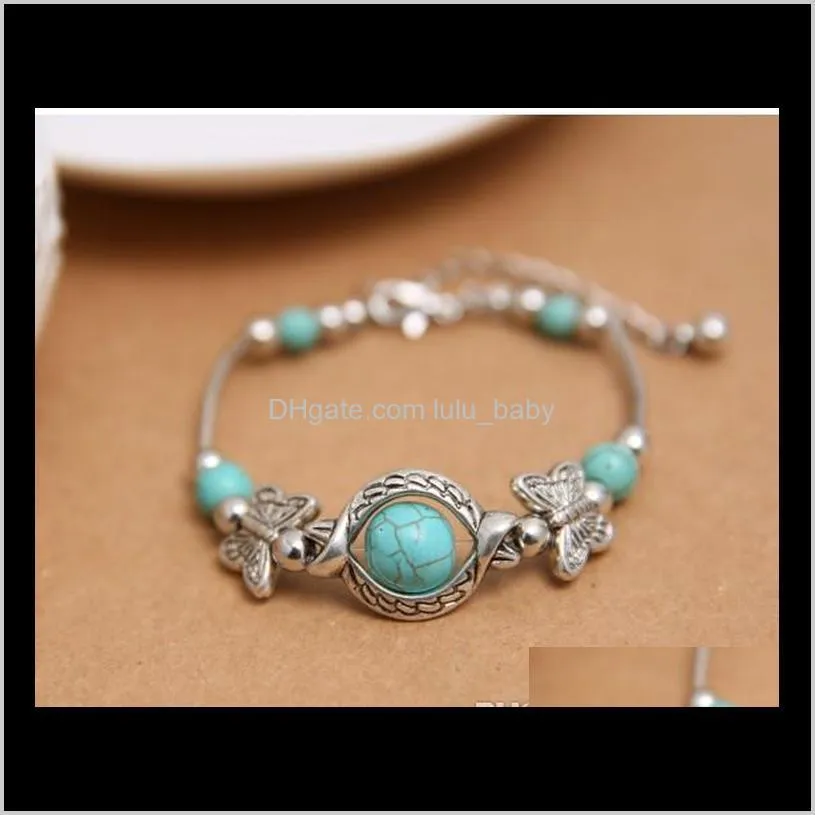 new tibetan silver color turquoise bracelets & bangles inlay butterfly bead nation bohemian adjustable for women fashion jewelry