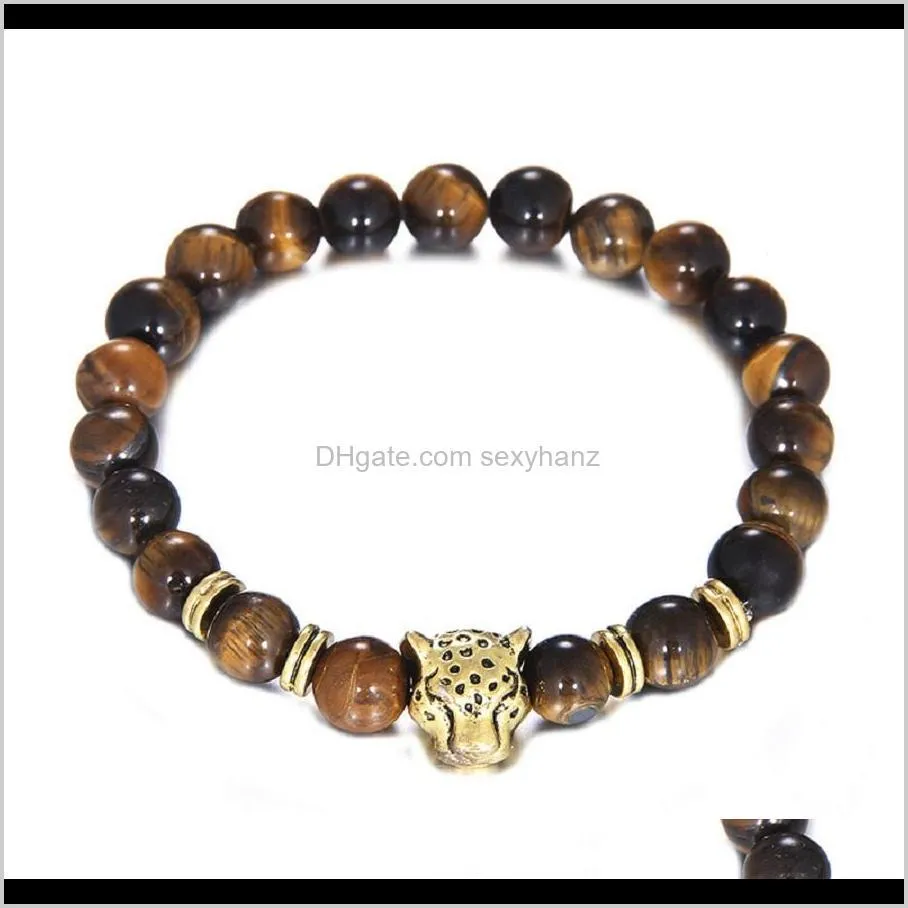 new fashion leopard  style jewelry 8mm beads mens charm beaded tiger eye bracelet stretch beaded men bracelet for men women gift