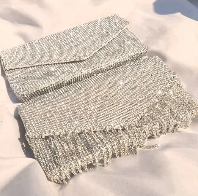 Pochette pour femmes argent strass enveloppe sacs de soirée mariée mariage sac à main chaîne gland sac à bandoulière