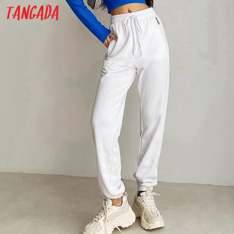 Women Solid White Cargo Strethy Waist Pants Loose Trousers Joggers Female Sweatpants Streetwear 4P52 210416