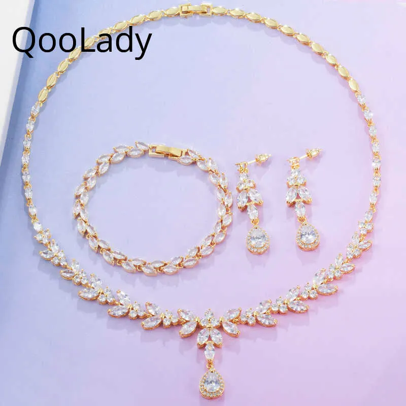 Qoola Luxury Gold Color 3pcs Vit Cubic Zirconia Drop Earring Halsband Armband För Kvinnor Klänning Noble Bröllop Smycken Set Z034 H1022