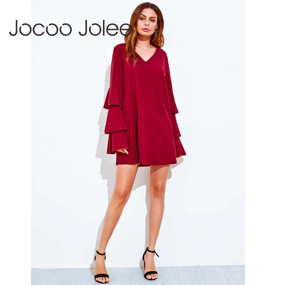 Vestido Jocoo Jolee suelto con volantes en cascada y mangas para mujer, vestido recto con cuello en V, vestido informal de invierno y primavera, rojo 210619