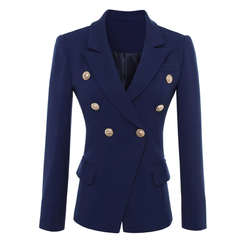 Högkvalitativ modedesigner blazer jacka Kvinnors guldknappar Navy Blue Dubbelbröst Ytterkläder Storlek S-4XL 211006