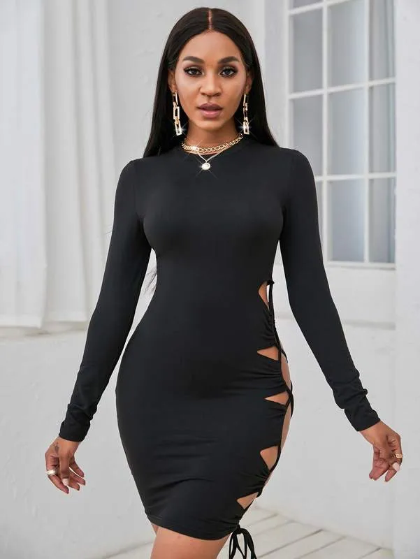 Cut Out Lace Up Side Bodycon Mini Dress with Long Kimono Sleeves Black  Polyester from Dhgate Basic & Casual Dresses - price 47.74
