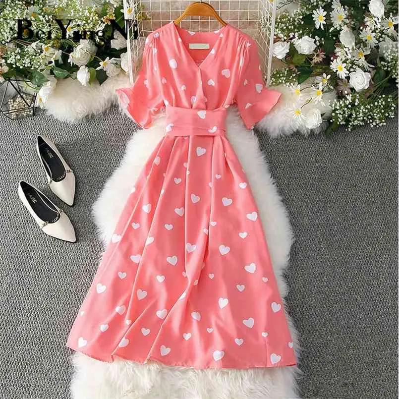 Summer Dress Print Cute Elegant V-neck French Luxury Casual Korean Midi Women Sweet Chic Retro Slim Clothes 210506
