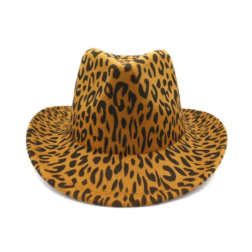 Chapeau en fausse laine Super Fine à large bord 2022 nouveau imprimé léopard Cowboy feutre Fedora chapeaux pour femmes hommes fête mariage Jazz casquette