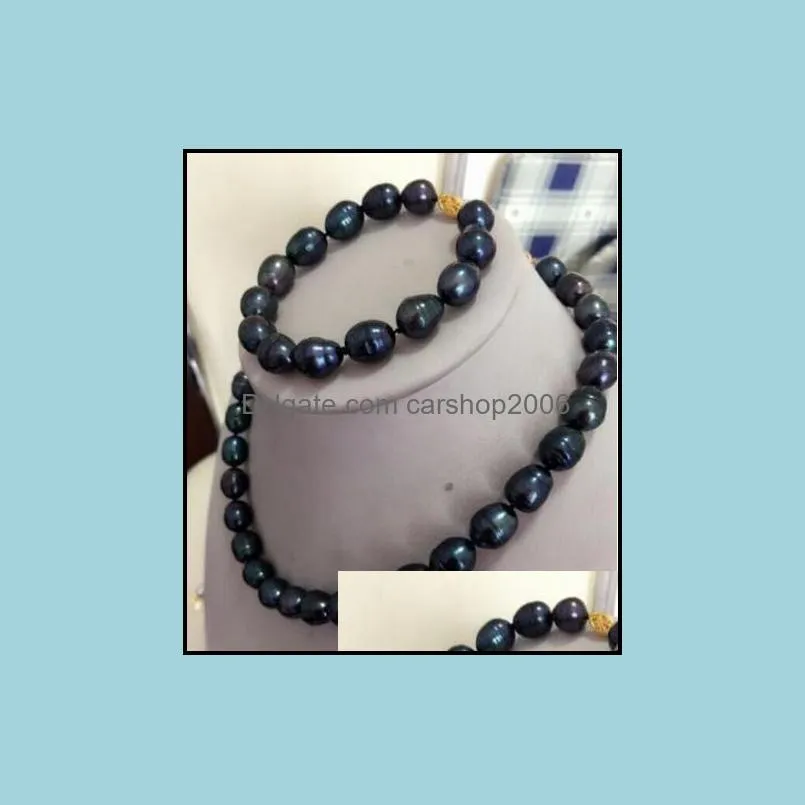 STUNNING 12-13MM TAHITIAN BLACK GREEN PEARL NECKLACE 18 INCH 14K GOLD CLASP FREE BRACELET 7.5-8 INCH