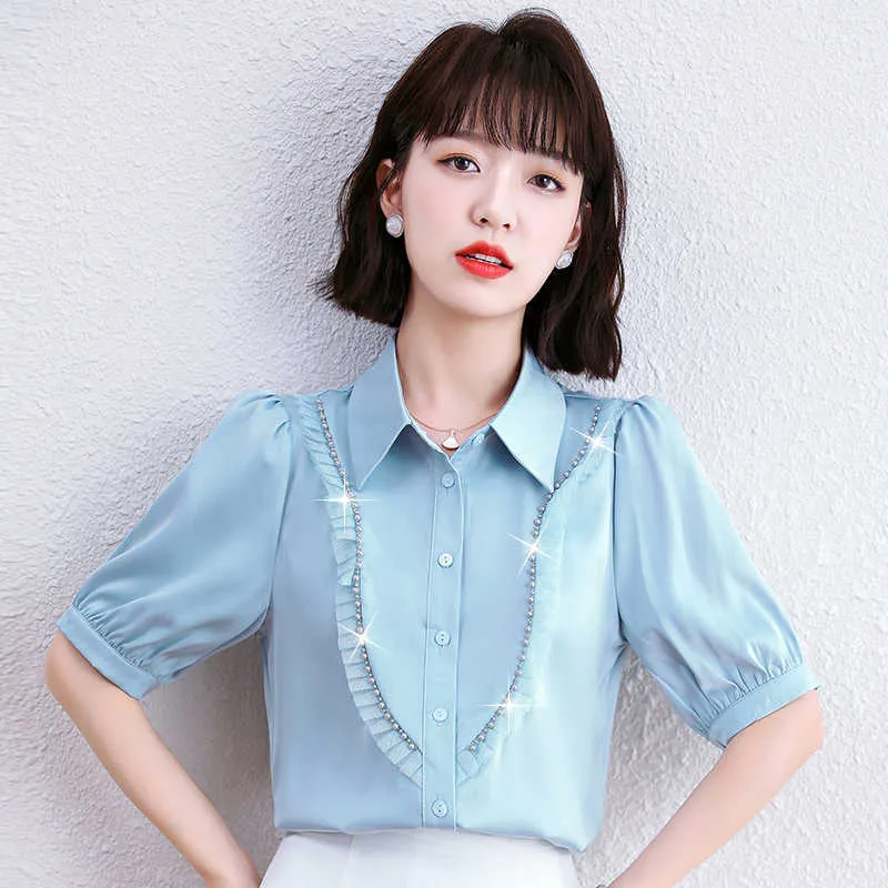 Verão coreano moda chiffon mulheres blusas escritório senhora camisa e blusa sólida manga curta rosa tops plus size xxl 210531