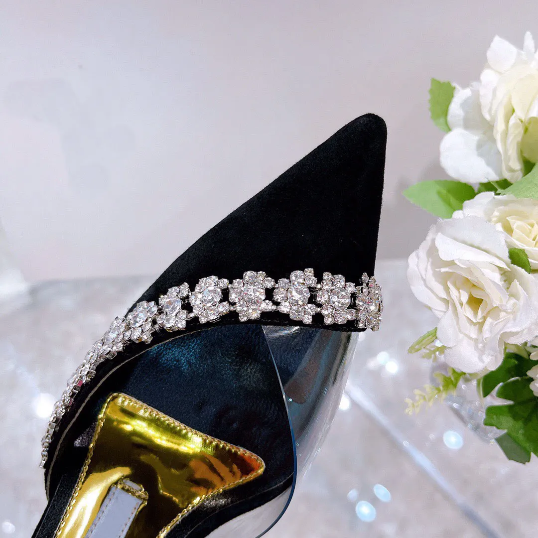 Luxury high heels women`s leather shoe with rhinestones flower ornaments surround crystal single shoess designer black stiletto ladies wedding party dress