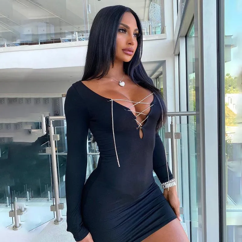 Sexy V Neck Rhinestone Chains Bandage Black Dress Lady Long Sleeve Slim Fitness Party Club Bodycon Women Vestidos Casual Dresses