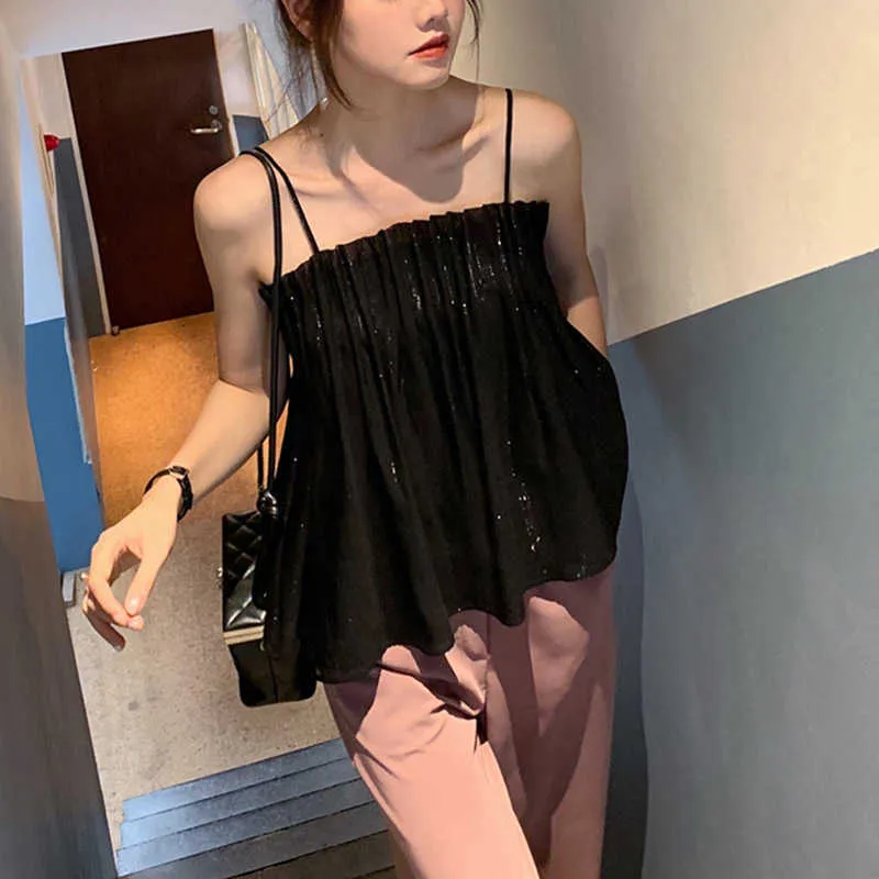 Chemise à volants noire Femmes Sling Casual Off T-shirt d'été T-shirt élégant Cami Tops Chemise lâche coréenne Harajuku Bluzki Damskie 210527