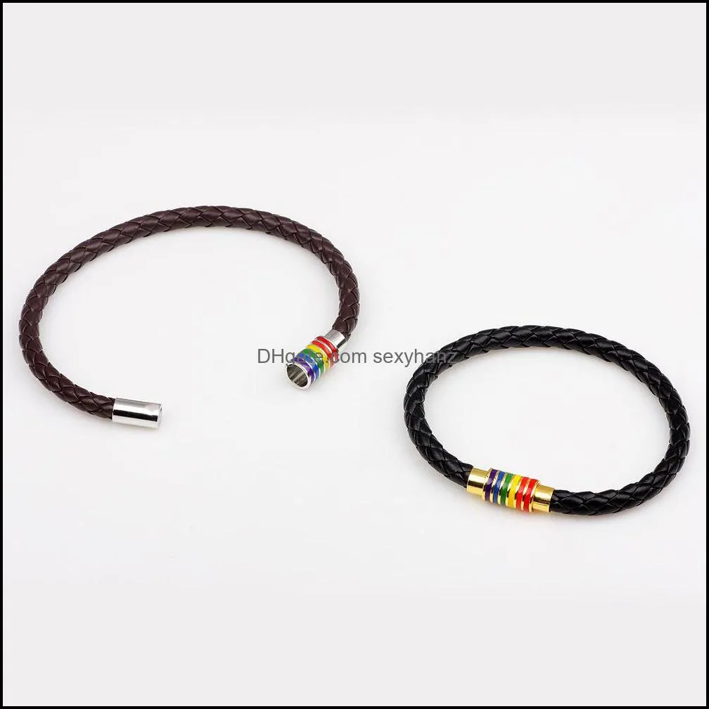 Fashion Gay Pride Rainbow Leather Bracelets For Women Men Black Brown Genuine Leather Bangle Magnetic Clasp LGBT Jewelry