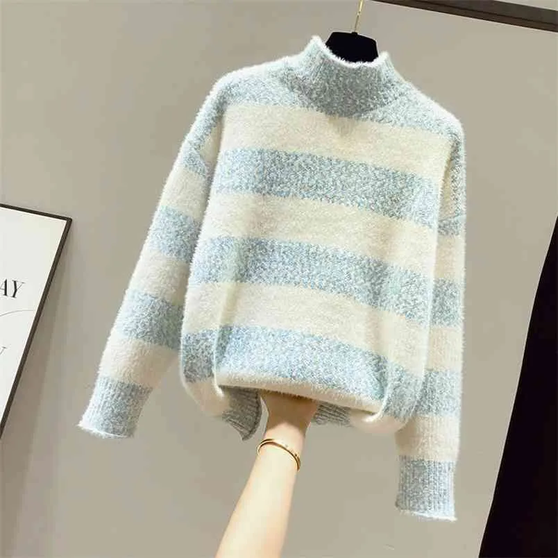 Womens Casual Faux Mink Cashmere Striped Pullover Pullover Sweater Feminino Inverno Grosso Jumpers Solto Turtleneck Blusas 210427