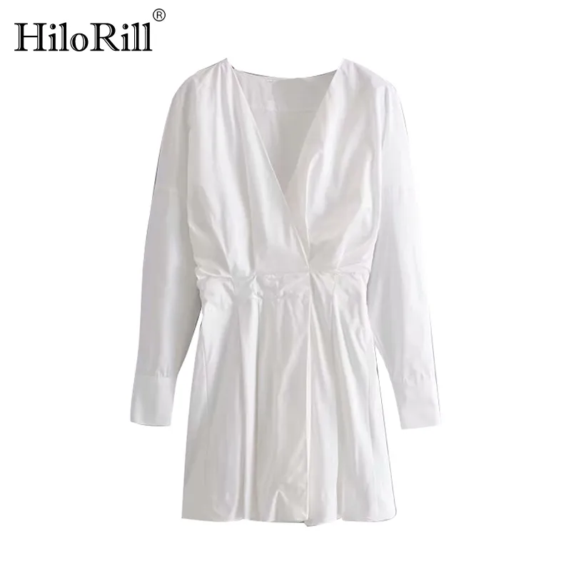 V Pescoço Vestido Branco Mulheres Primavera Manga Longa Casual Algodão Senhoras Trabalho Desgaste Elegante Mini ES 210508