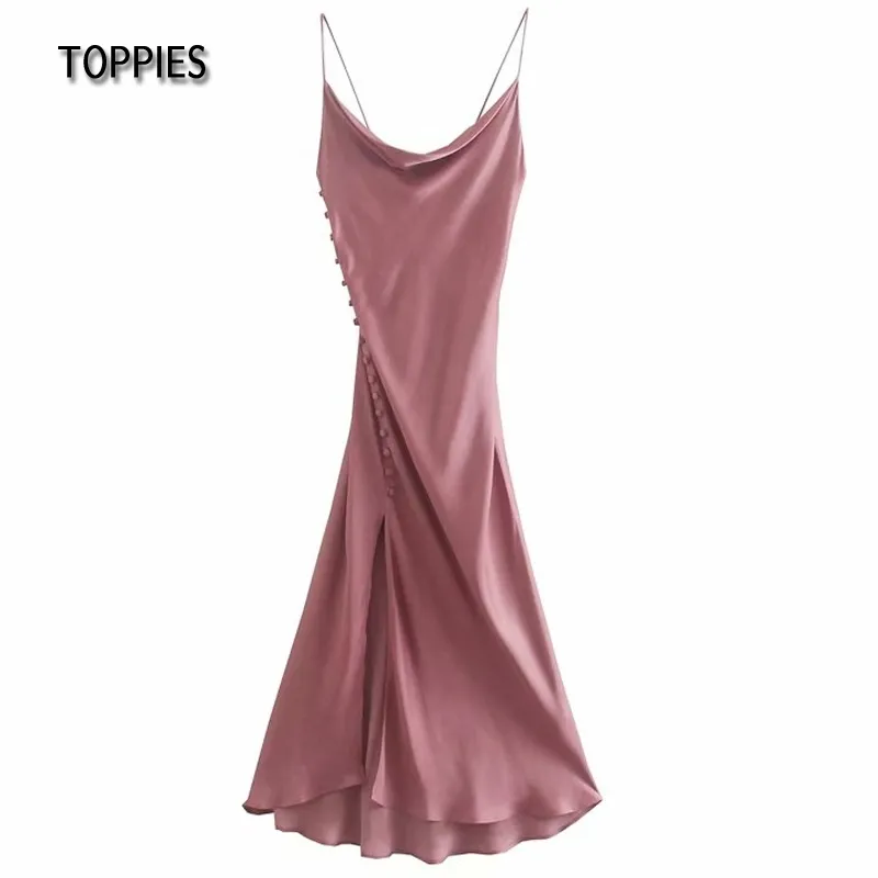 Toppies Sexy Pink Silk платье тонкое вечеринка платье женщина боковой сплит без бретелек Vestidos Mujer дамы сарафана 210412