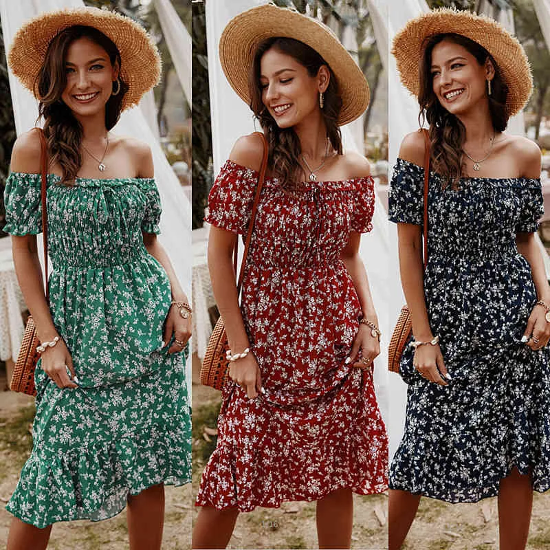 Robe Boho imprimé floral sexy sans bretelles Slash cou à manches courtes femmes robes robes de plage d'épaule d'été robe midi Mujer 210507