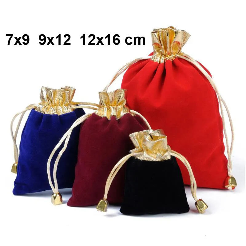 50 pcs/lot 7x9 9x12 12x16 cm or ouverture cloche cordon velours pochettes pour bijoux bijoux sacs noël cadeau emballage sac