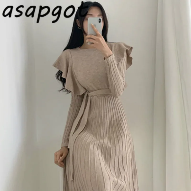 Asapgot Autumn Winter Temperament Ruffled Lace Up High-waist Pleated Knitted Dress Women Bandage Solid Loose Casual Retro 210429