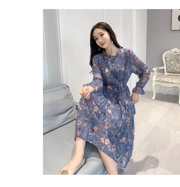 Womens Floral Printed Chiffon A Line Dress Spring O Neck
