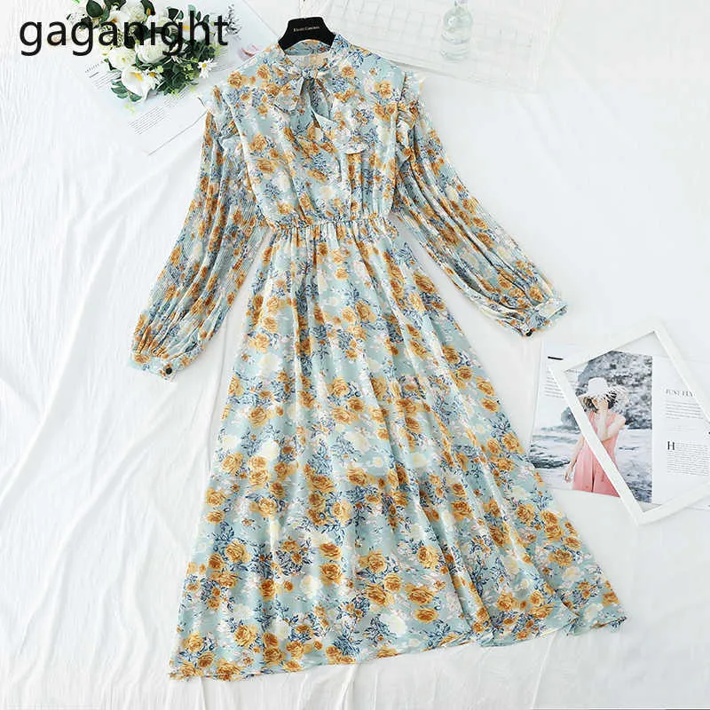 ワンピース Flower Printed Sleeves Dress Womens Spring Floral Print Chiffon Dress O Neck, Bow, Slim Fit