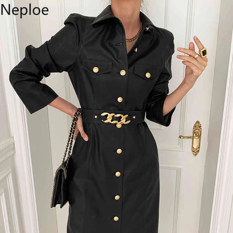 Neploe robe de mode coréenne pour les femmes tempérament col rabattu robes simple boutonnage ceinture PU robes élégantes femme 4G320 210422