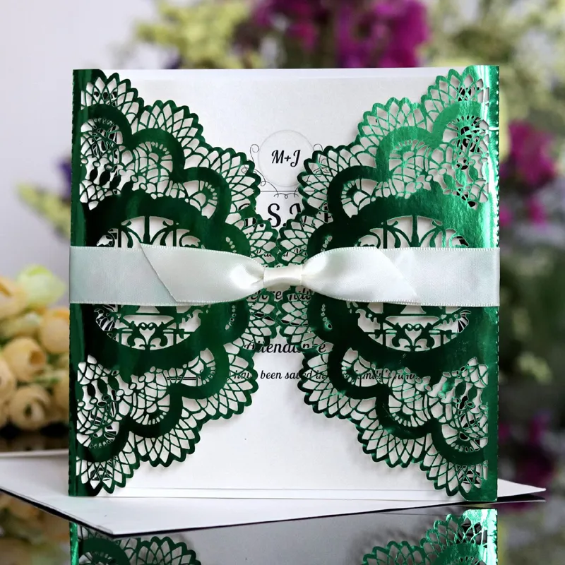 (100 pièces/lot) découpé au Laser oiseau d'amour vert brillant personnaliser impression carte d'invitation de mariage fiançailles réfléchissantes IC115G