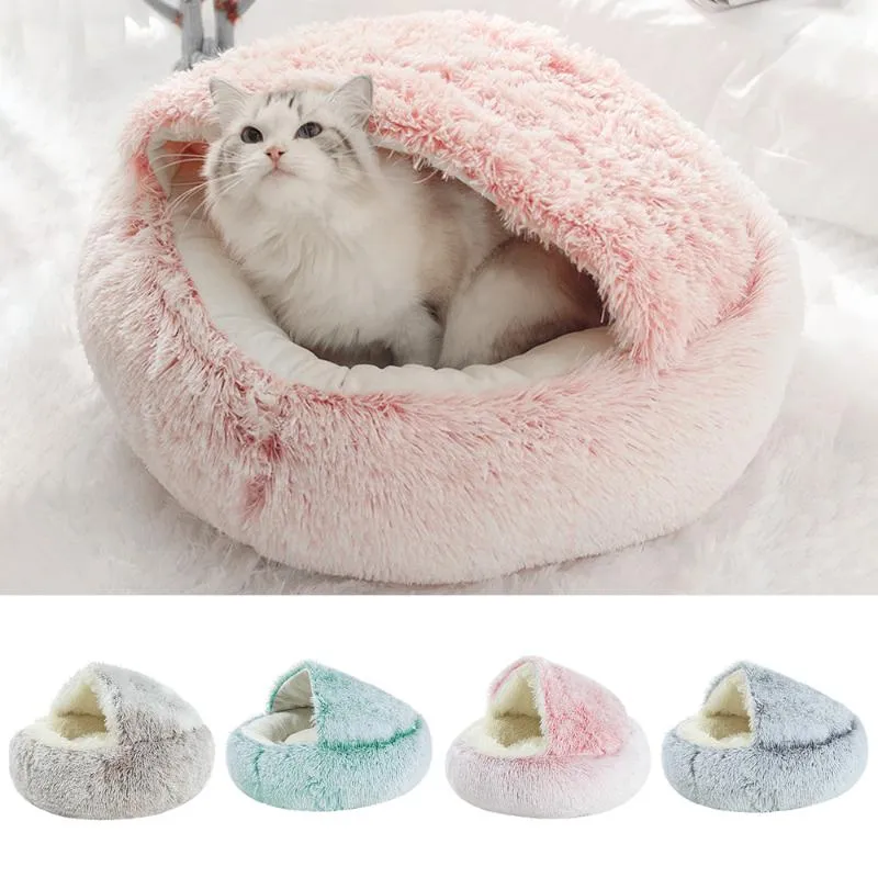 Kattbäddar möbler rund vinter varm sovande säng för hundar katter mjuk lång plysch anti-halk botten husdjur halvt avlägsna hundbo
