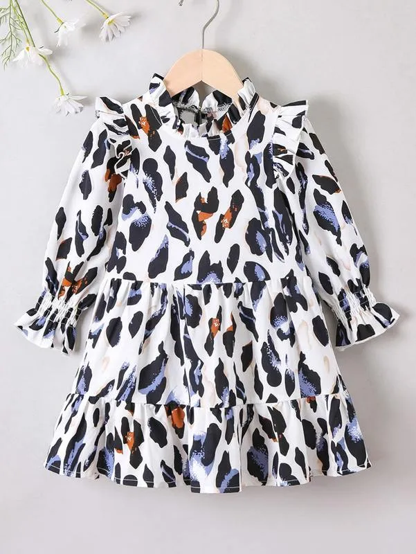 Toddler Girls Allover Print Flounce Sleeve Ruffle Trim Smock Dress SHE