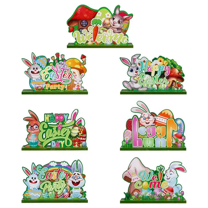 Happy Easter Tabletop Decoration Signs Bunny Table Centerpiece Easter Wood Decor for Home Office Party