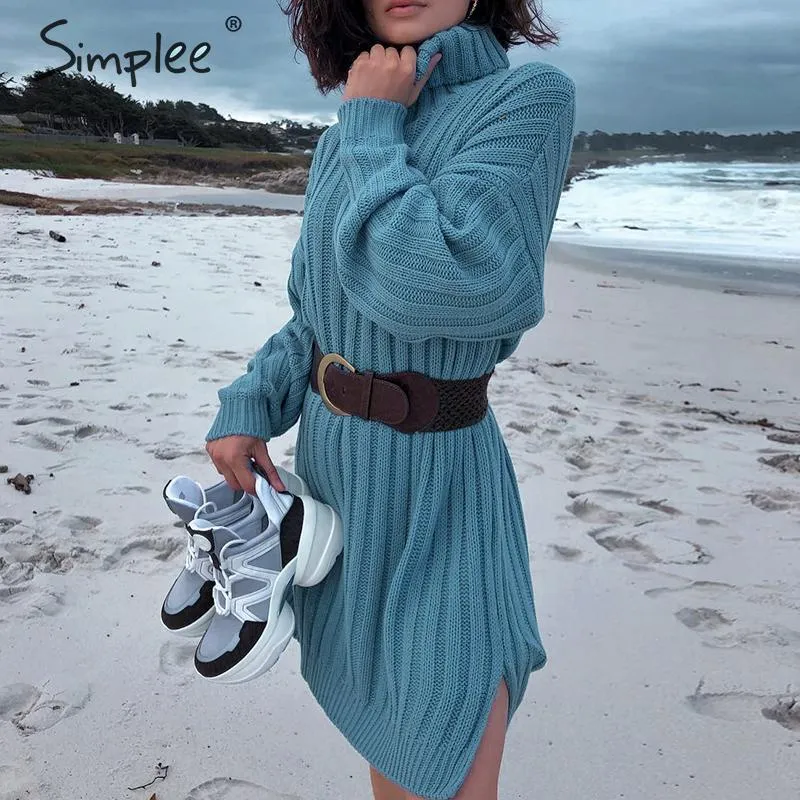 Elegant knitted women Autumn turtle neck female white sweater dress Sexy holiday solid ladies winter teal vestidos 210414