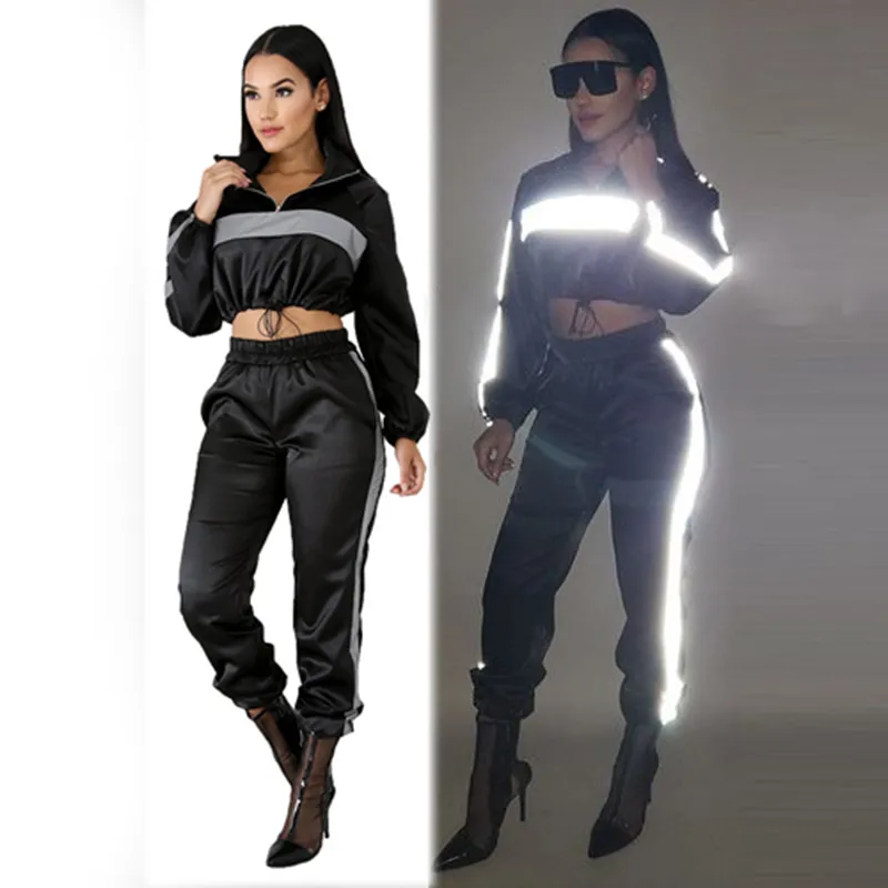 Lucyever Fashion 2 Pieces Set Women Autumnn Reflective Short Crop Tops Woman Elastic Waist Streetwear Sweatpants Female 210521