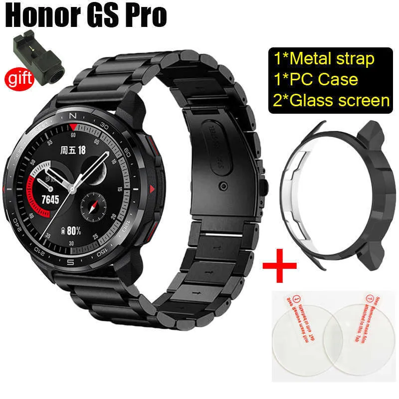 Bracelet en acier inoxydable pour Honor Watch GS Pro Smart Watch Strap Bands Band Belt PC Case Cover + GS Pro Glass Screen Protector H0915