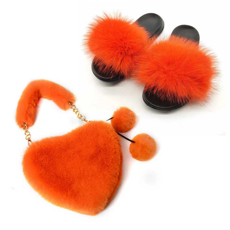 Damskie Letnie Futro Futro Slajdy i Furry Faux Furry Purse Panie Solid Color Rabbit Włosy Torby Zestaw Puszyste Pluszowe Kapcie Home 2020 Y0731