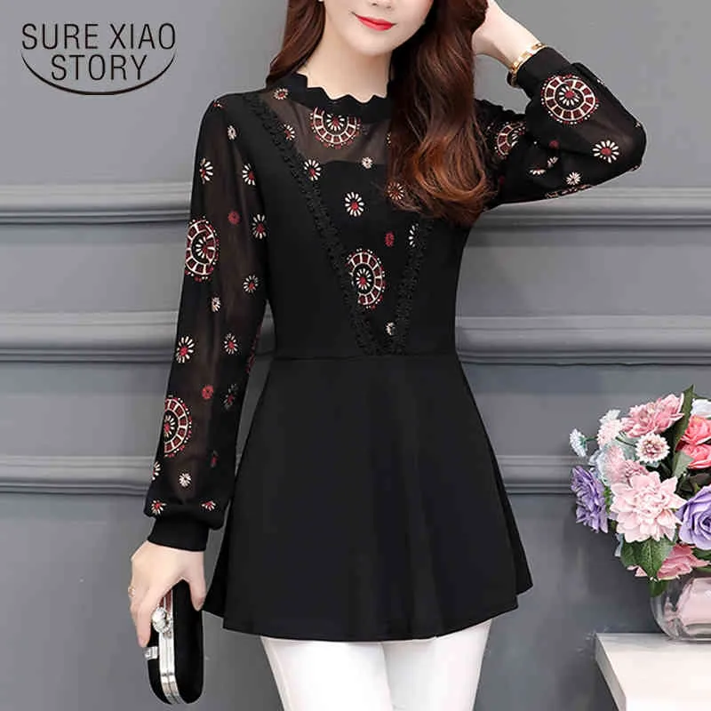 Fashion Spring Black Lace Gold Print Shirts Hollow Women Tops and Blouses Long Sleeve Slim Bottomed Shirt 8078 50 210417