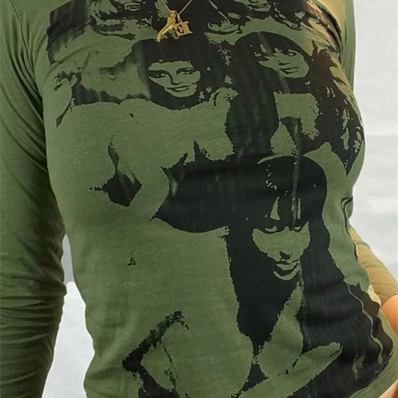 Letnia koszulka T -Sleeve Green Kobiety Drukuj Sexy Basic 90s Casual Crop Tops Vintage Fashion 220226