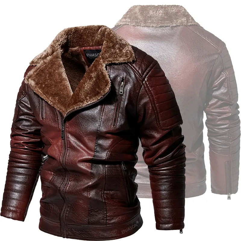 スタイルのメンズ厚い革のジャケット冬秋男性ファッションオートバイのジャケットのフェイクの毛皮の襟の防風暖かいコートフリースのジャケット