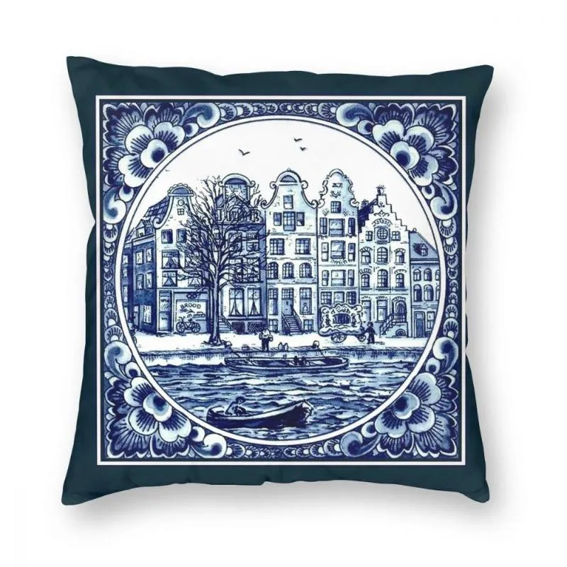 Cushion/Decorative Pillow Dutch Blue Delft Vintage Boats Print Throw Cover Polyester Cushions For Sofa Funny Cushion Covers