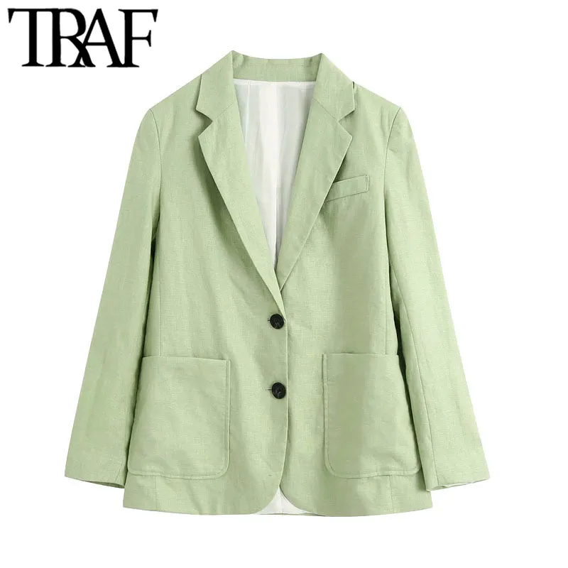 TRAF Women Fashion Office Wear Single Button Linnen Blazer Jas Vintage Lange Mouw Zakken Vrouwelijke Bovenkleding Chic Tops 210415