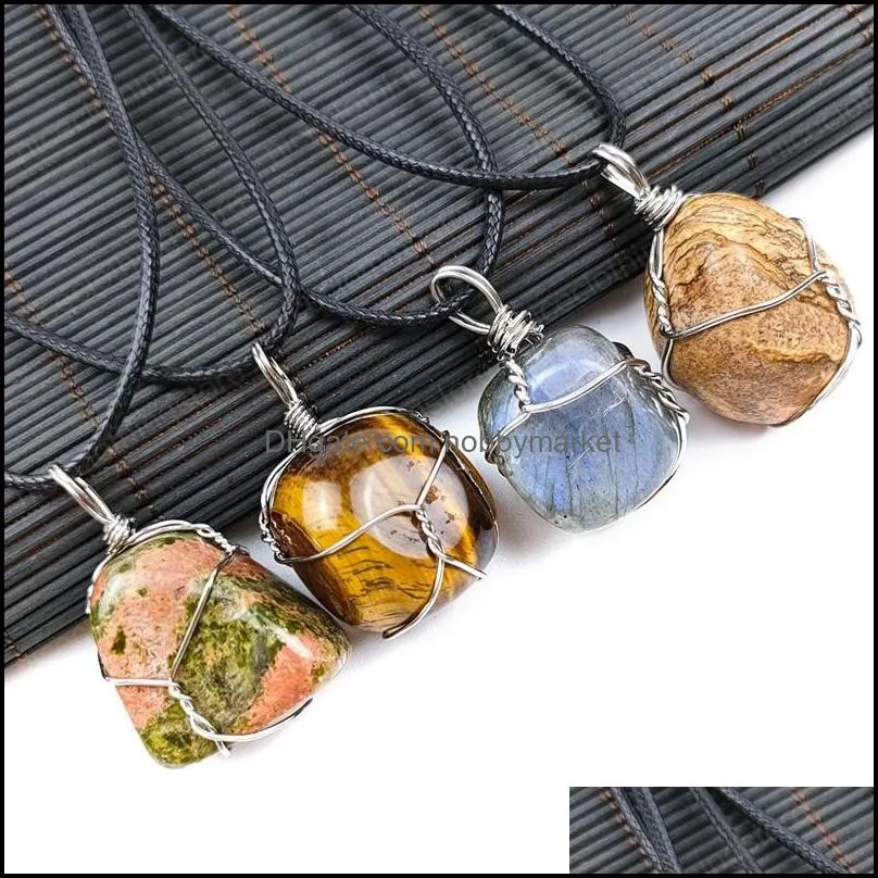 Irregular Natural Tumbled Stones Pendant Alloy wire Winding Jasper Tiger Eye Labradorite Healing Crystal Gem DIY Necklace