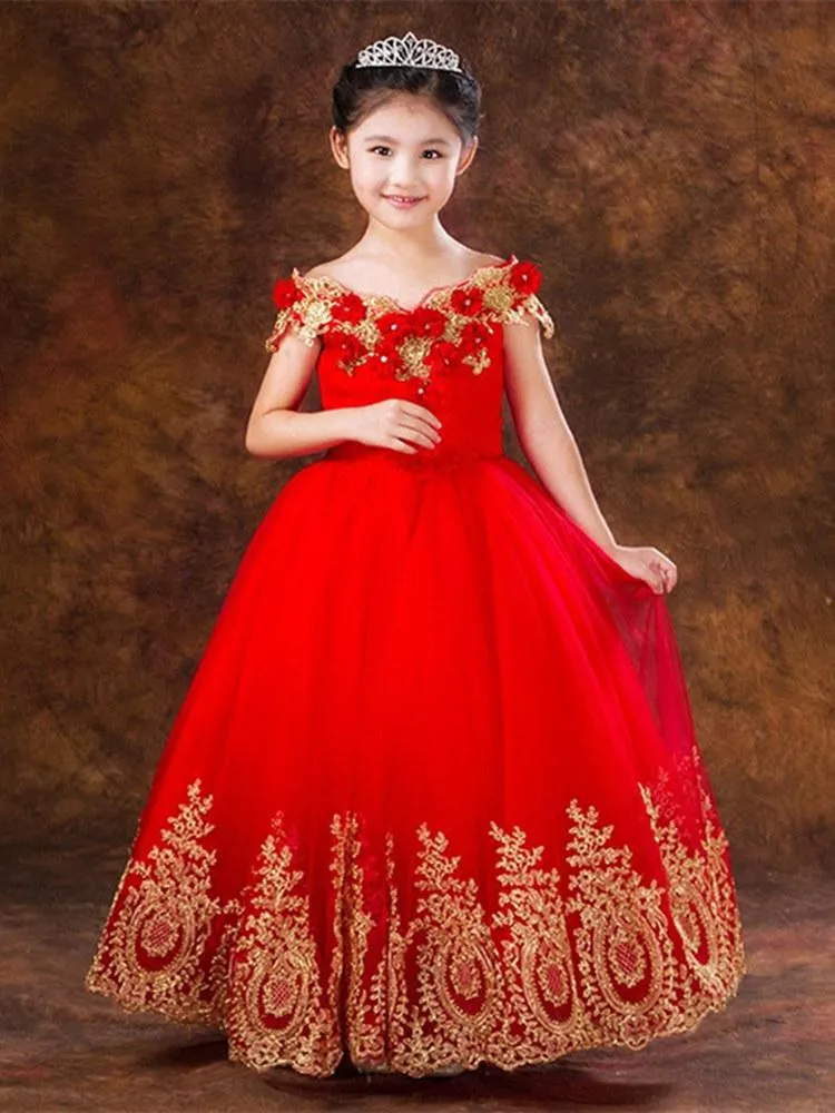 Girl's Dresses Flower Girls Sheer Neck Hand Made Flowers Kids Formal Wear Hi Lo Satin Girl Dress For Wedding