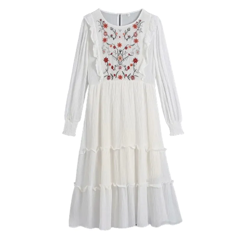 Za Dress Femmes Chic Mode Fleur Broderie Midi Vintage À Manches Longues O Cou Femme es Vestidos Mujer 210531