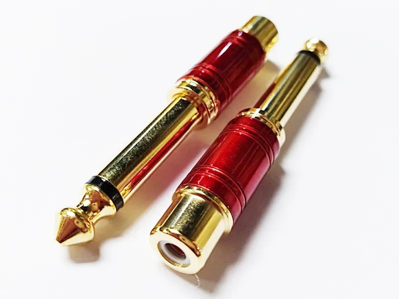 Audio Connectors, Golden Plated 1/4" 6.35mm Mono Male plug to RCA Female jack Adapter with RED Shell/10PCS