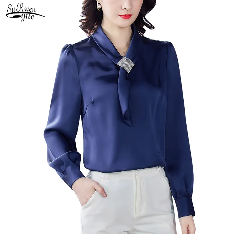 Chemisier en satin pour femmes Bureau Lady Manches longues Soie Femmes Chemises avec cravate Col V Plus Taille Dames Tops Vêtements 12862 210518