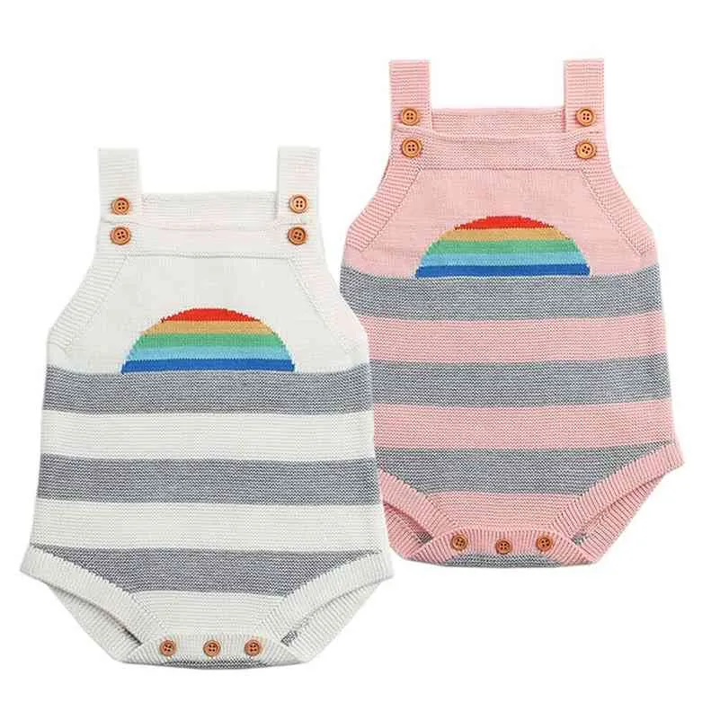 Höstkläder för tjejer solnedgångar Fashion Rainbow Pattern Born Boys One Piece Bodysuits Stickar Barn Overaller Wear Knapp 210417