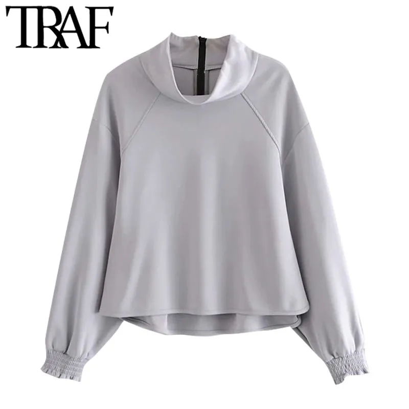 Traf Women Fashion Back Zipper Loose Asymmetric Sweatshirts Vintage High Collar Long Sleeve Pullovers Chic Tops 210415